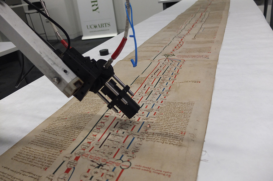 Spectral analysis of the Canterbury Roll, MS 1, Macmillan Brown Library, University of Canterbury, New Zealand (January 2018). Copyright Natasha Hodgson