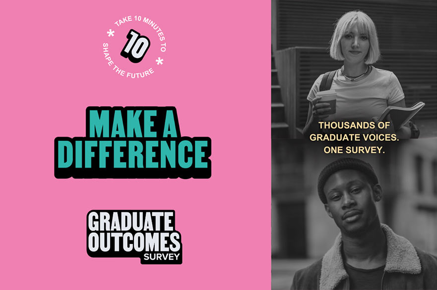 Graduate Outcomes Survey Make a difference hero image featuring four students