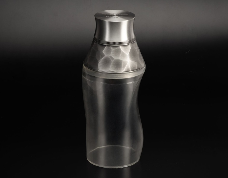 A cocktail shaker prototype made from glass and pewter for Royal Selangor.