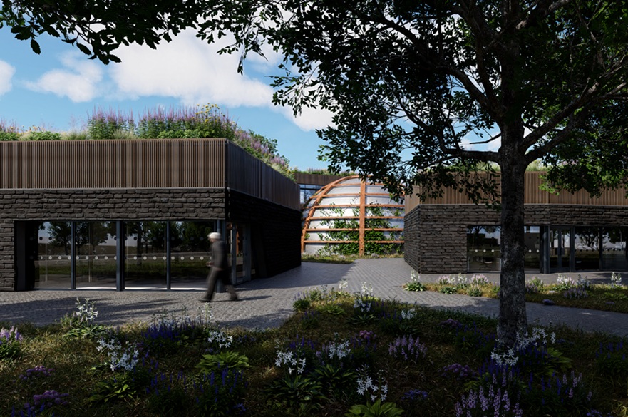 An architect's render of the exterior of their building design.