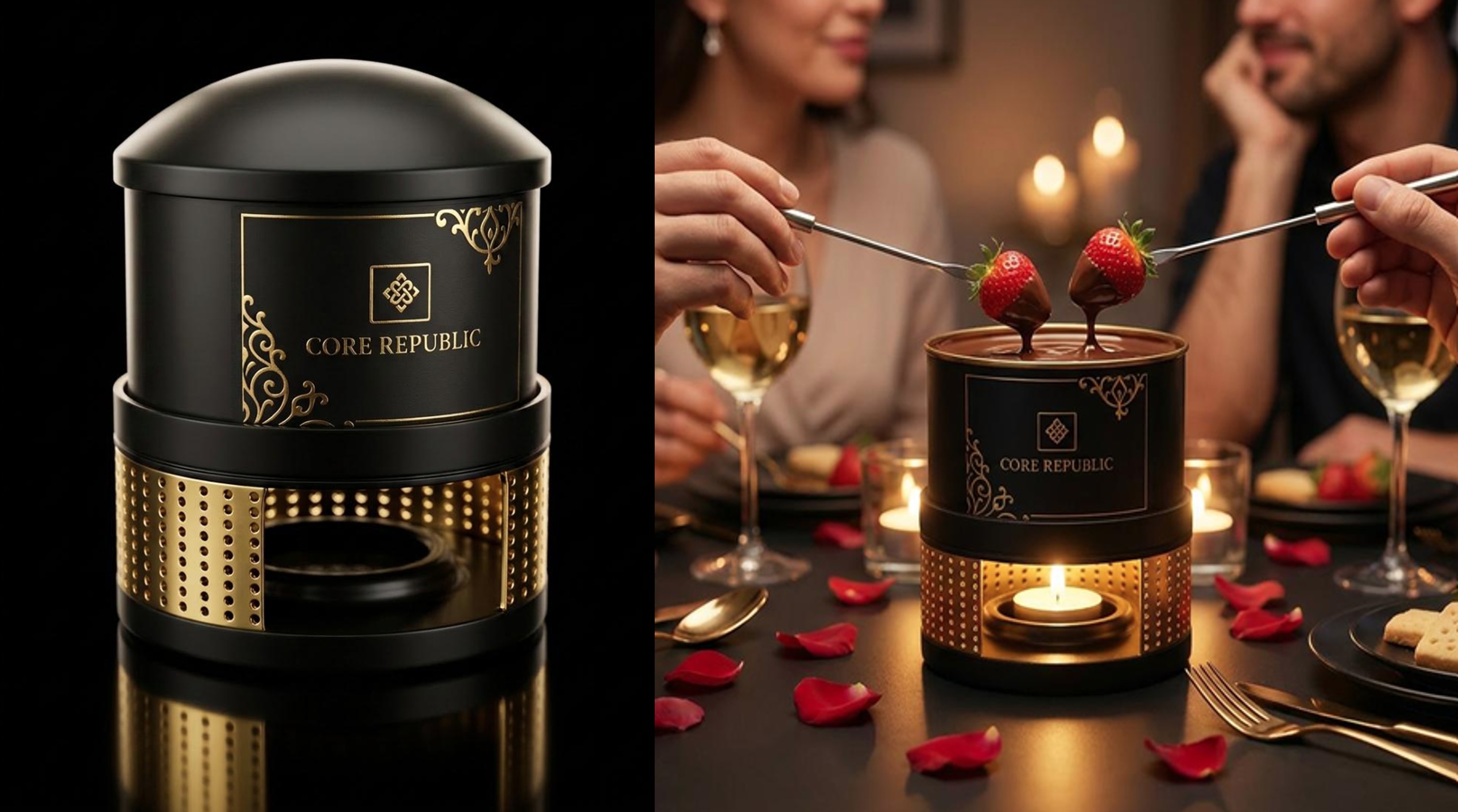 A metal tin containing chocolate being melted by a tealight underneath. Two forks dip strawberries into the melted chocolate.