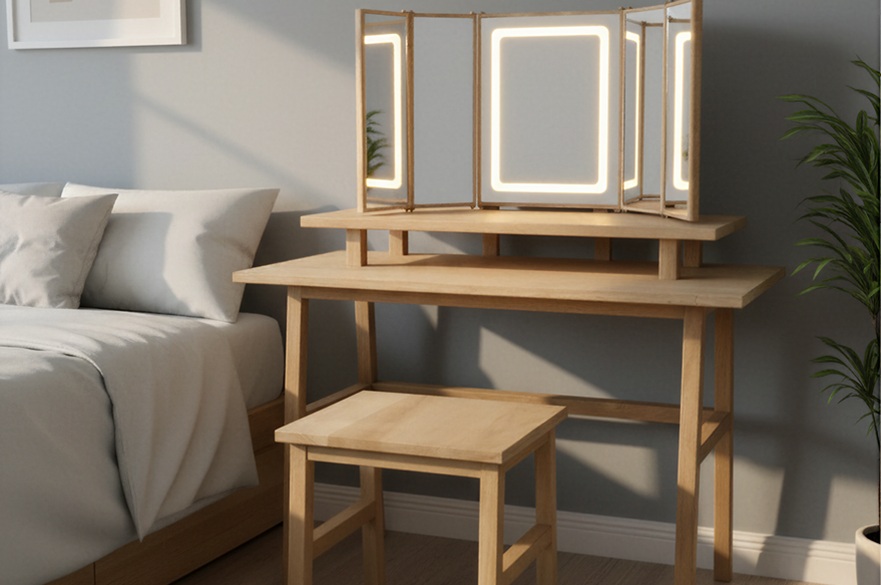 A dressing table with mirror in a bedroom, next to bed.