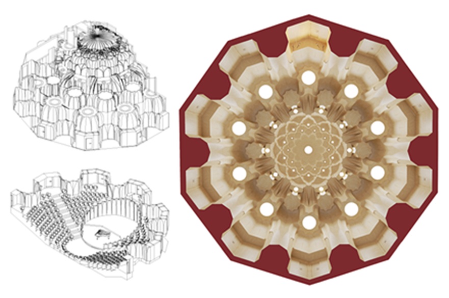 Architect's floor plans and elevations of a concert venue.