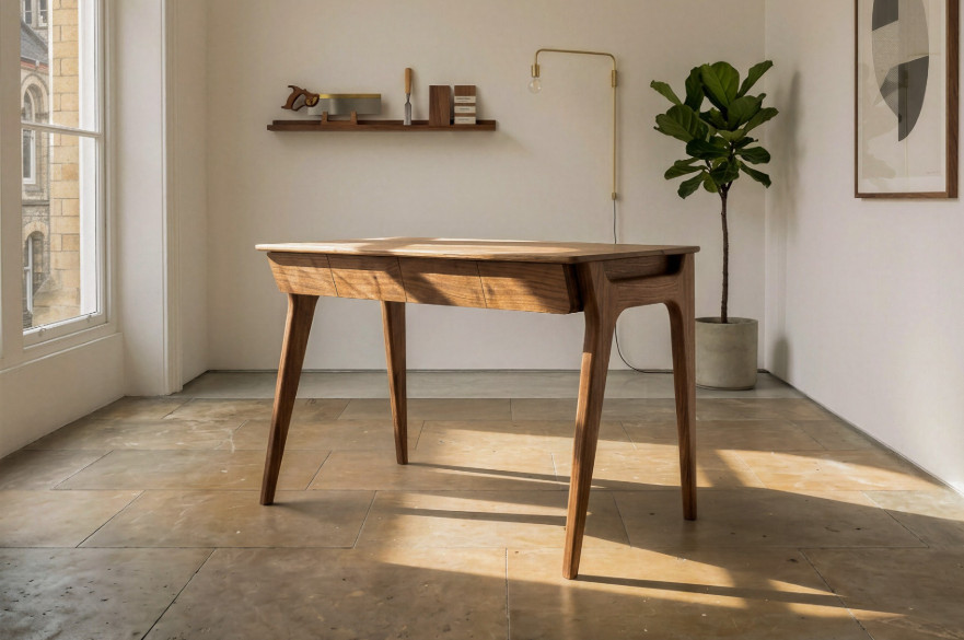 A wooden desk designed for sewing.