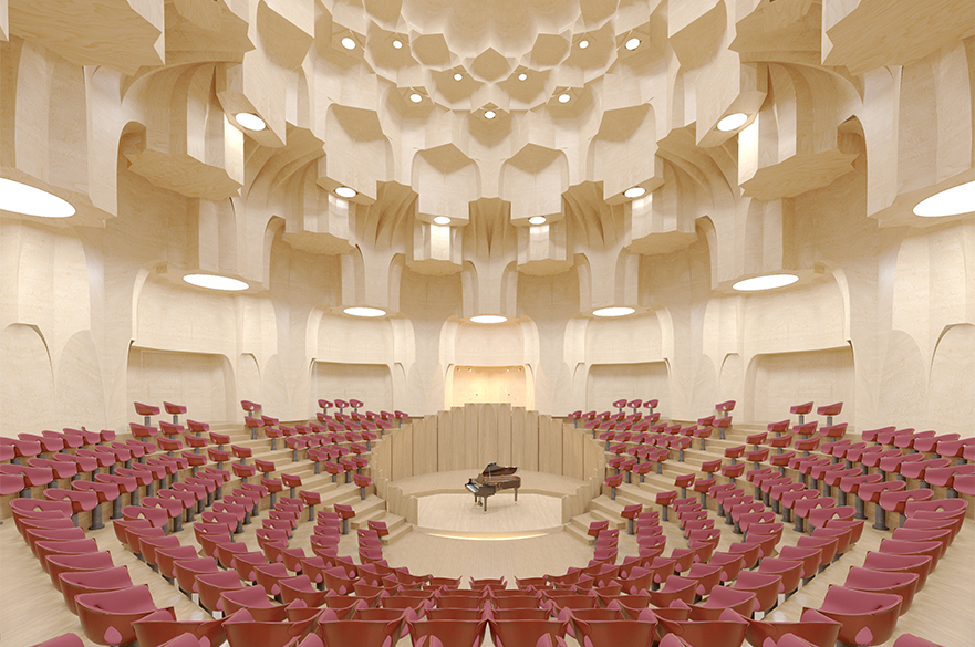 An architect's design of a music performance space with a piano on a stage and tiered seating.