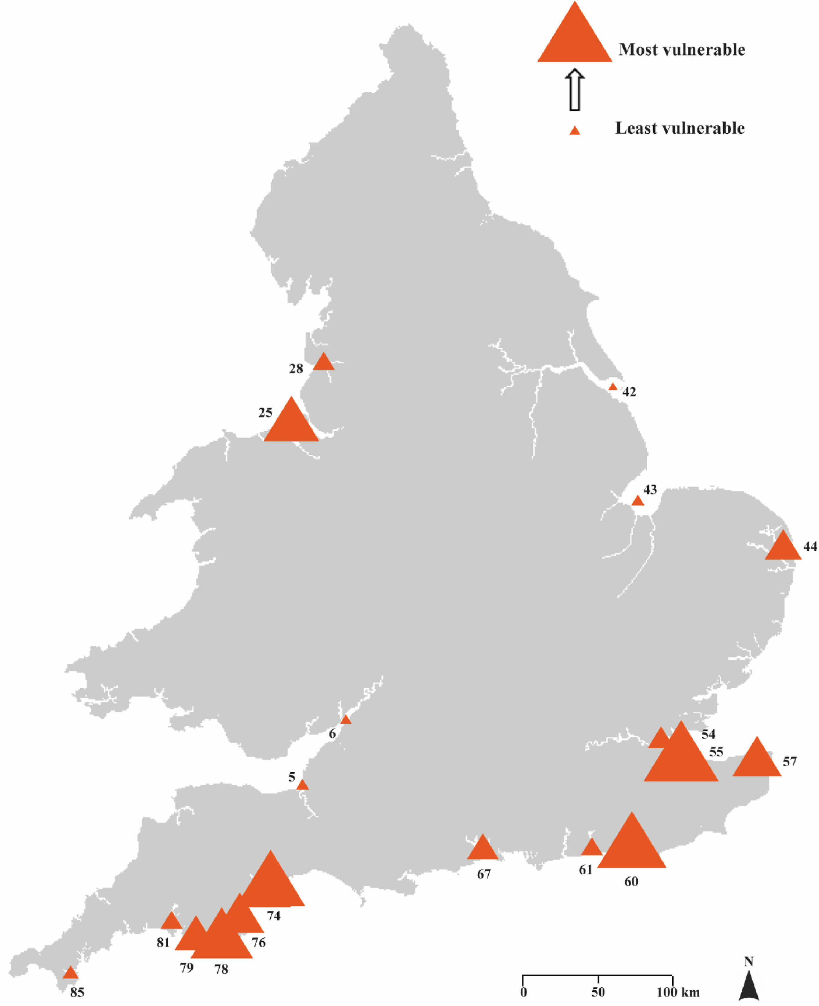 Map showing vulnerability to estuarine squeeze