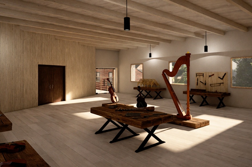 An architect's rendering of a large space in a converted grainworks. There is a harp in the centre of the room and instruments on the wall.