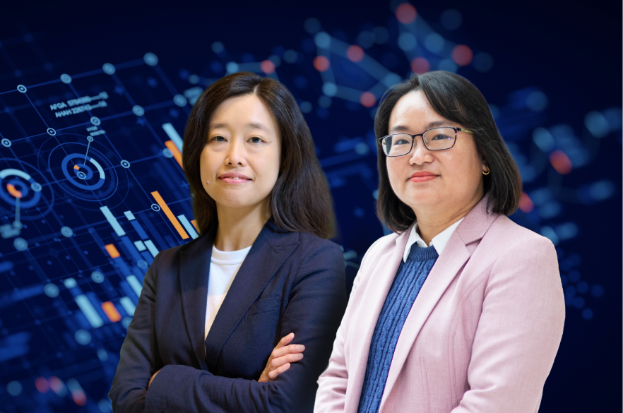 Two lecturers superimposed in front of a data analytics dashboard.