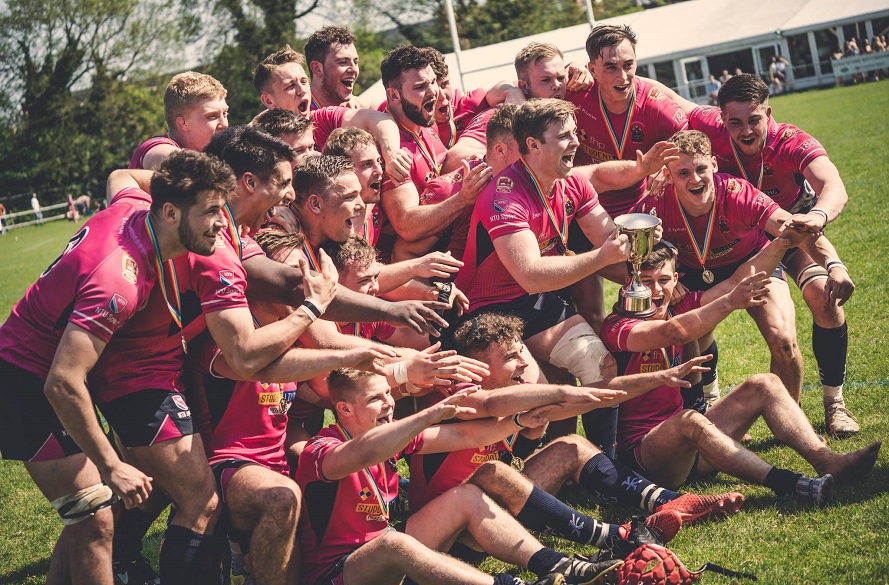 NTU Men's Rugby union players celebrate winning Varsity 2018