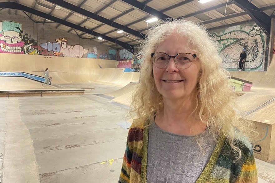 Professor Carrie Paechter standing in front of skate park