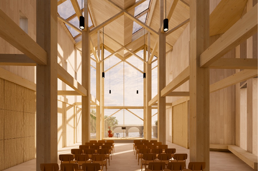 An architect's render of a large congregational space in their design for a converted grainworks.