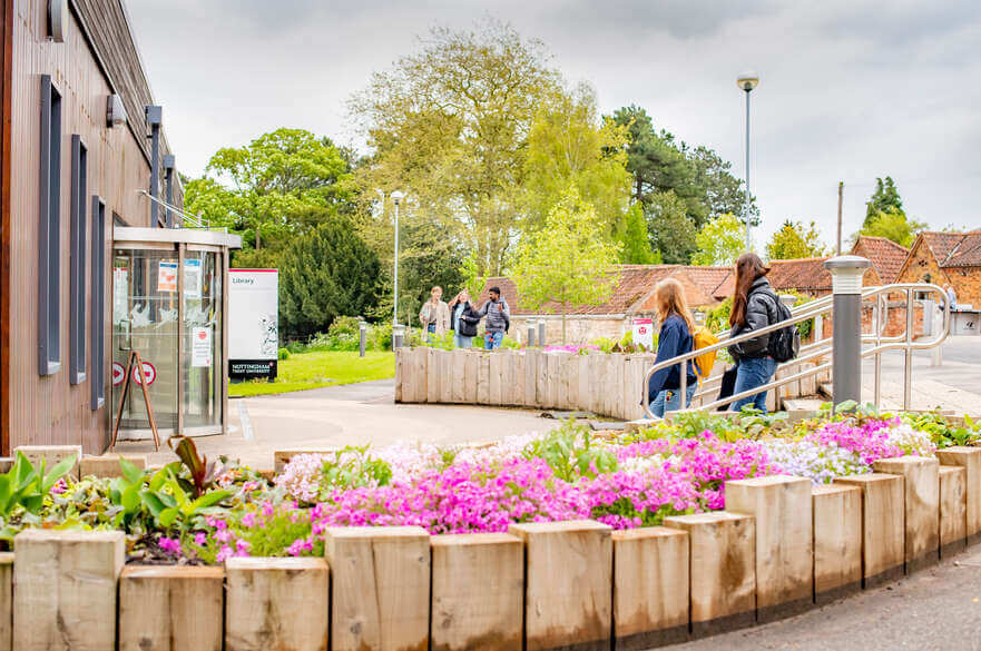 Students walking outside Brackenhurst Library