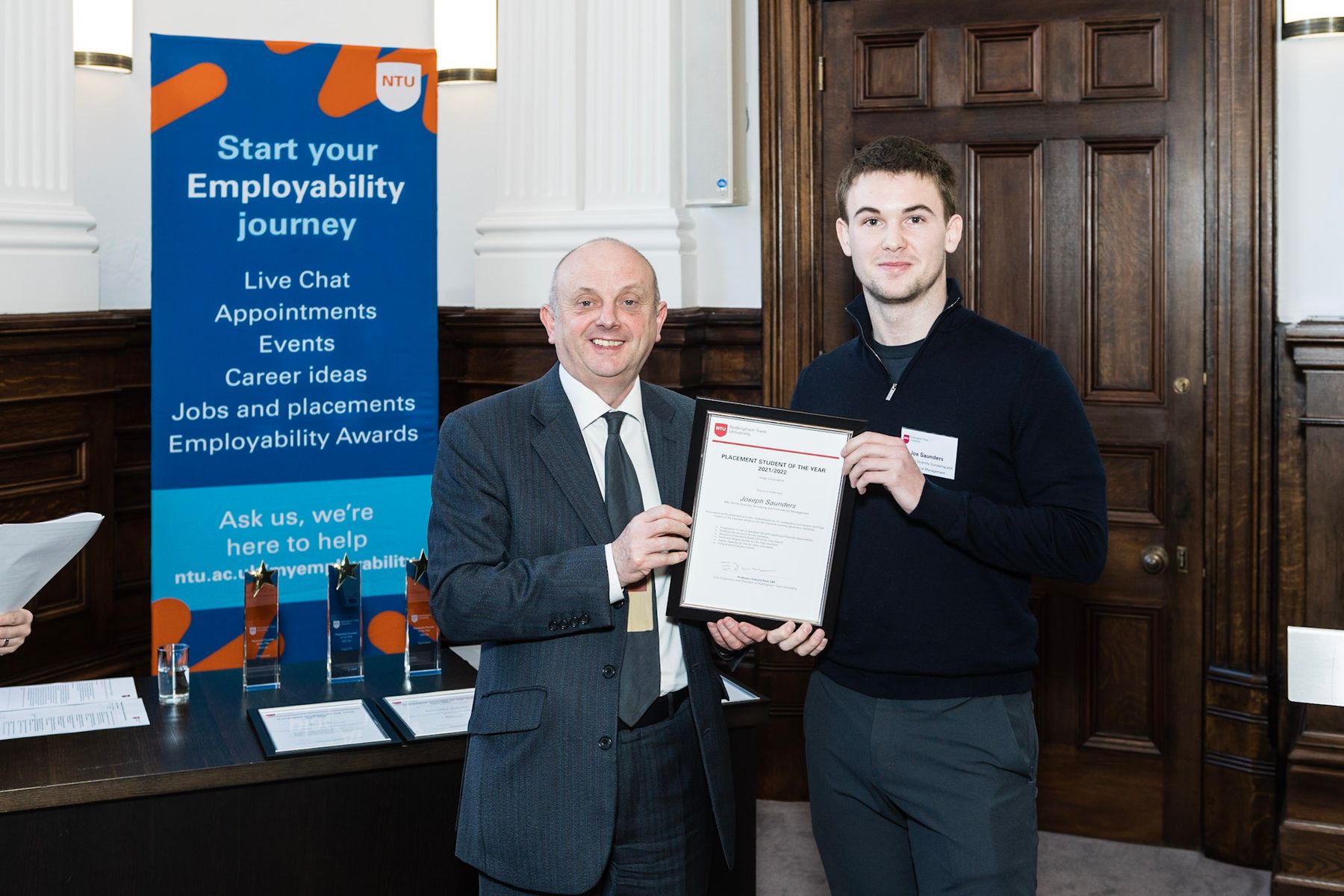 Joseph Saunders receiving Placement Student of the Year Award