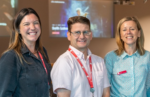 A photo of the Community Engagement and Volunteering Team. From left to right the image features Hannah Charlton, Andy Coppins and Carol Wilby