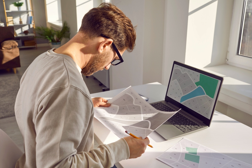 Student sat at desk with laptop and printed plans