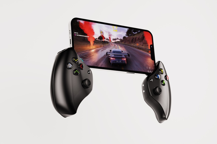 The SnapJoy ergonomic controller for smartphone gaming. The phone has been turned into a handheld console. 