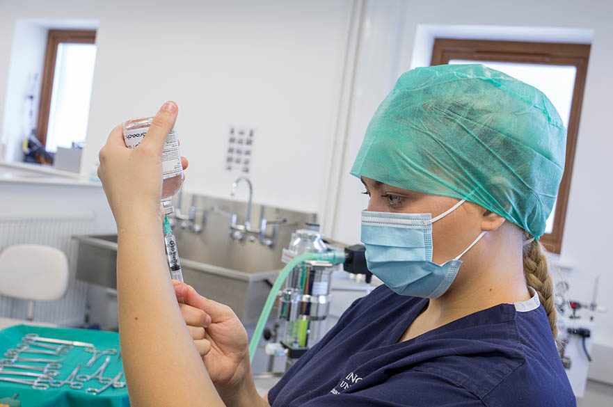 Student drawing medicine from a bottle into a syringe