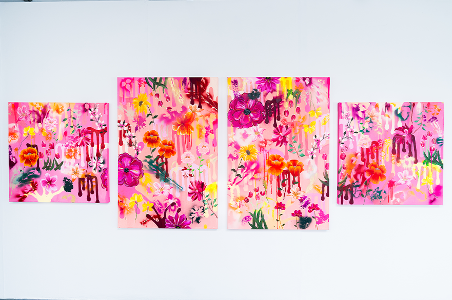 Image of four pink and orange art pieces
