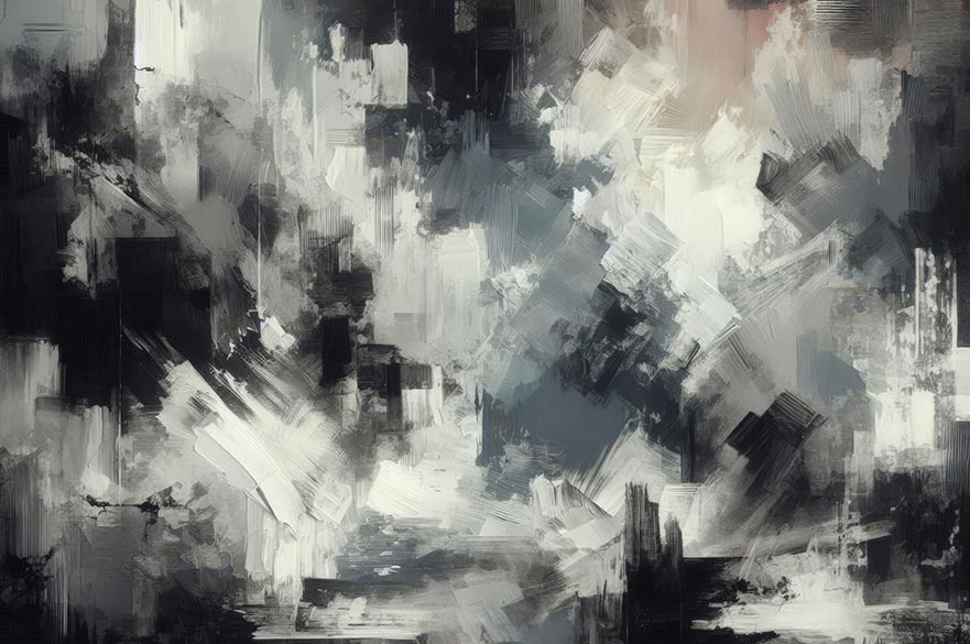 A grey, white and black abstract painting of featuring lots of different brush strokes
