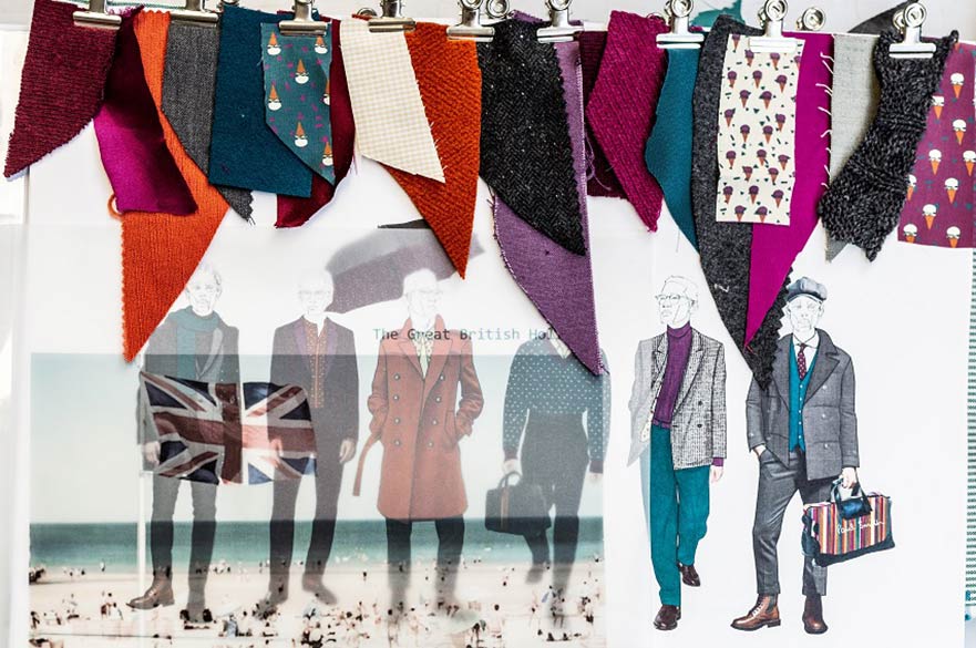 a mood board with swatches of different fabrics and sketches of menswear
