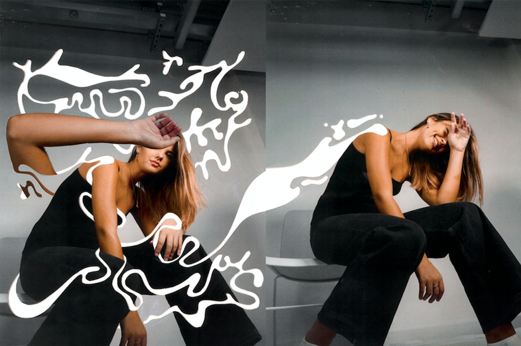 Person posing in studio space with white designs surrounding them