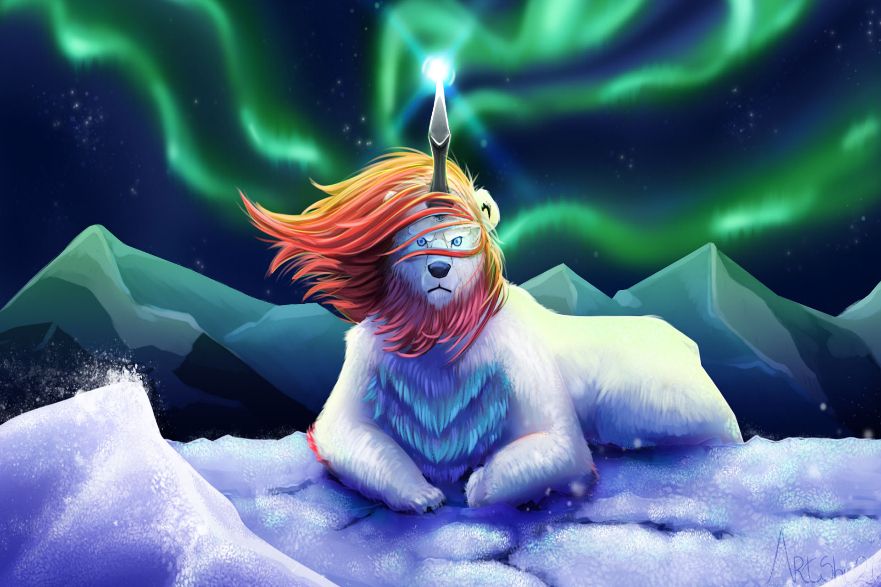 Fantasy art of a mystical polar bear sat under the aurora borealis