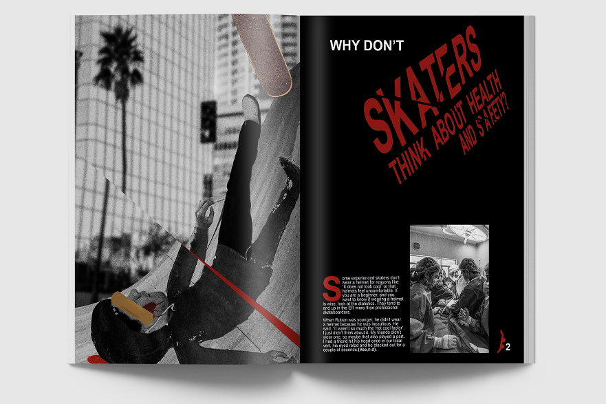 A graphic design of a skateboarder falling over alongside an article about skateboarding health and safety