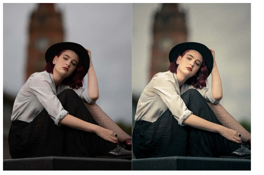 split screen before and after image of a woman in front of a clock tower. 