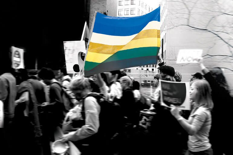 Crowd holding flag