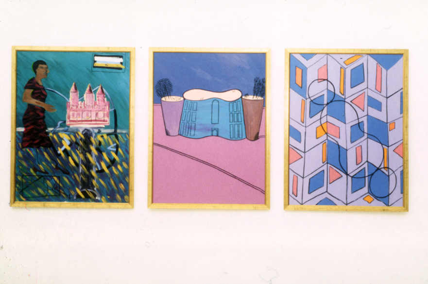 Three large portrait paintings on a wall.