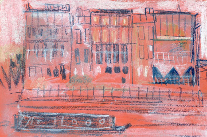 A colourful abstract illustration of West Bridgford showing the river, a narrow boat and a tall building.