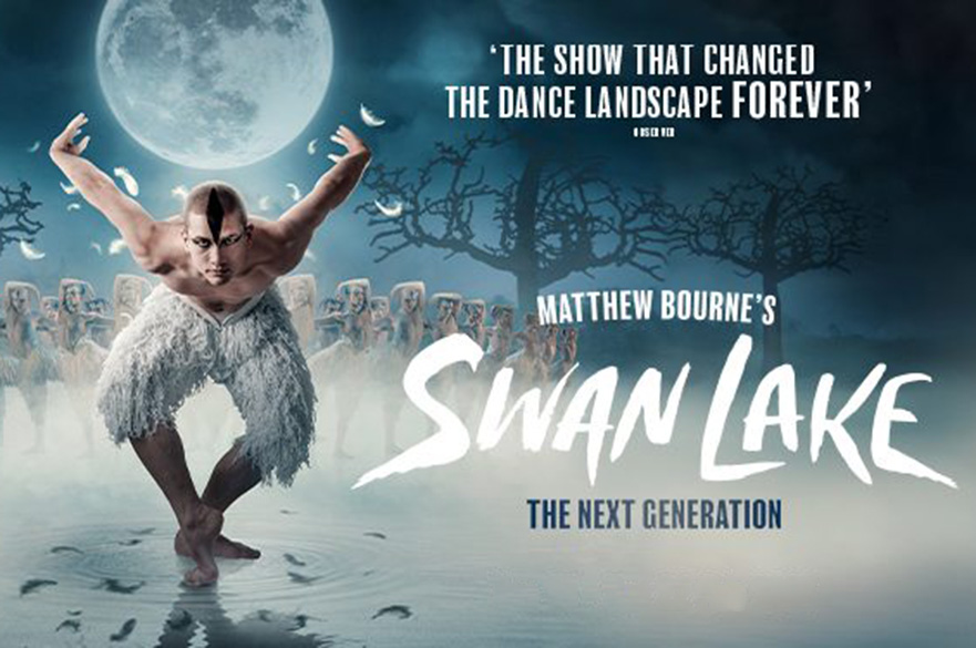 A male dancer dressed as a swan with the text: The show that changed the dance landscape forever. Matthew Bourne's Swan Lake, the next generation.
