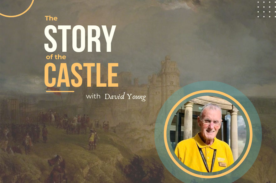 A painting of Nottingham Castle with a photo of a man inset, smiling.