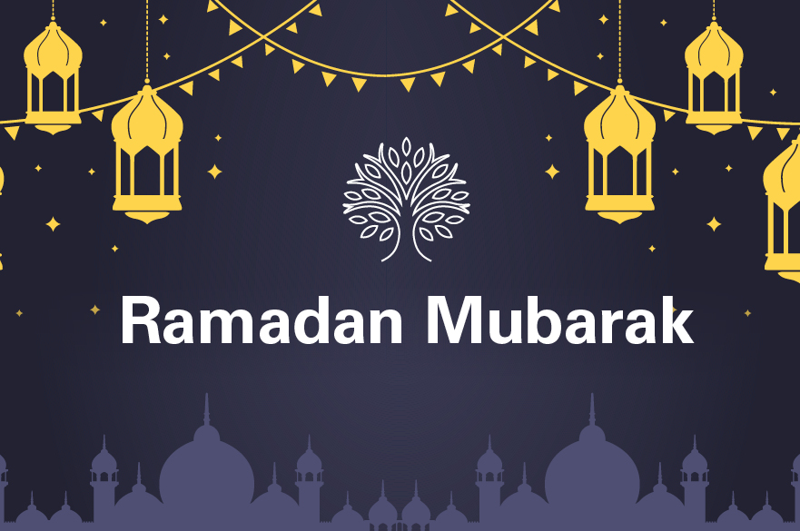 Ramadan Mubarak 2024 wording on a background with lanterns