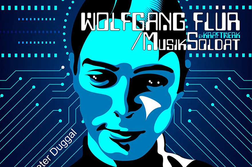 Graphic of a blue person in a pop art style with text saying Wolfgang Flür (Ex-Kraftwerk)