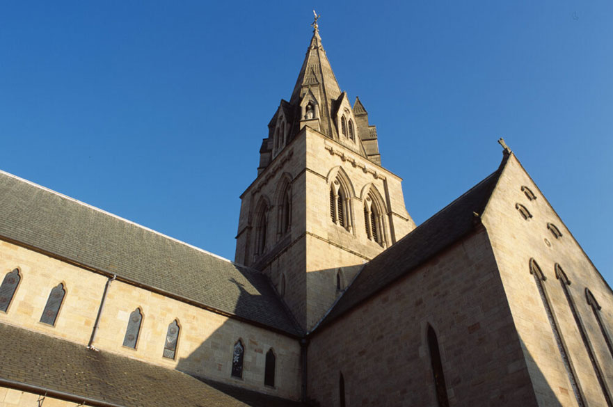 A view of the outside of St Barnabas Cathedral, Nottingham, from the ground looking up