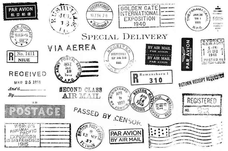 A postcard with various stamps