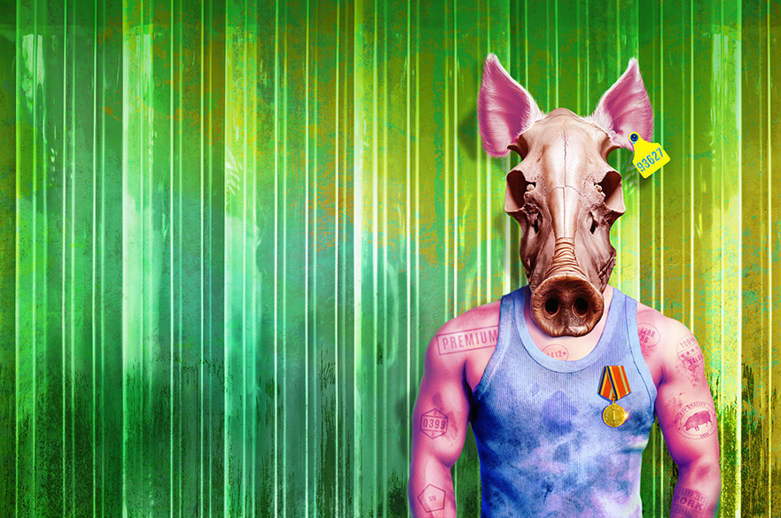 A man's body, wearing a vest with a medal pinned on the chest, with a pig's head.