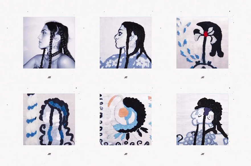 Six-panel artwork showing a portrait of a braided woman transitioning into abstract embroidery.