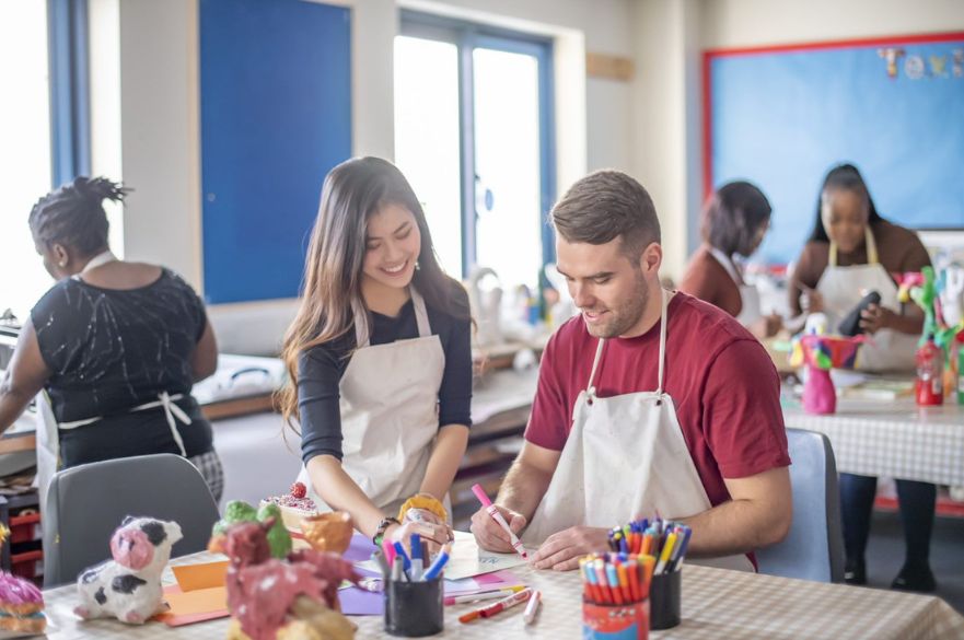 Students working in a mock classroom