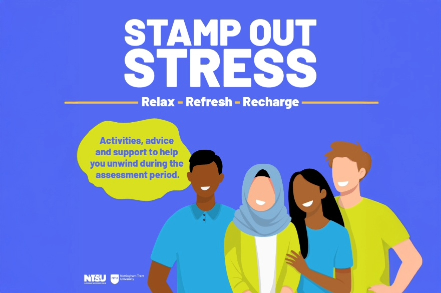 Stamp out stress text with Relax, Refresh and Recharge wording underneath and silhouettes of four people with smiles on their faces.