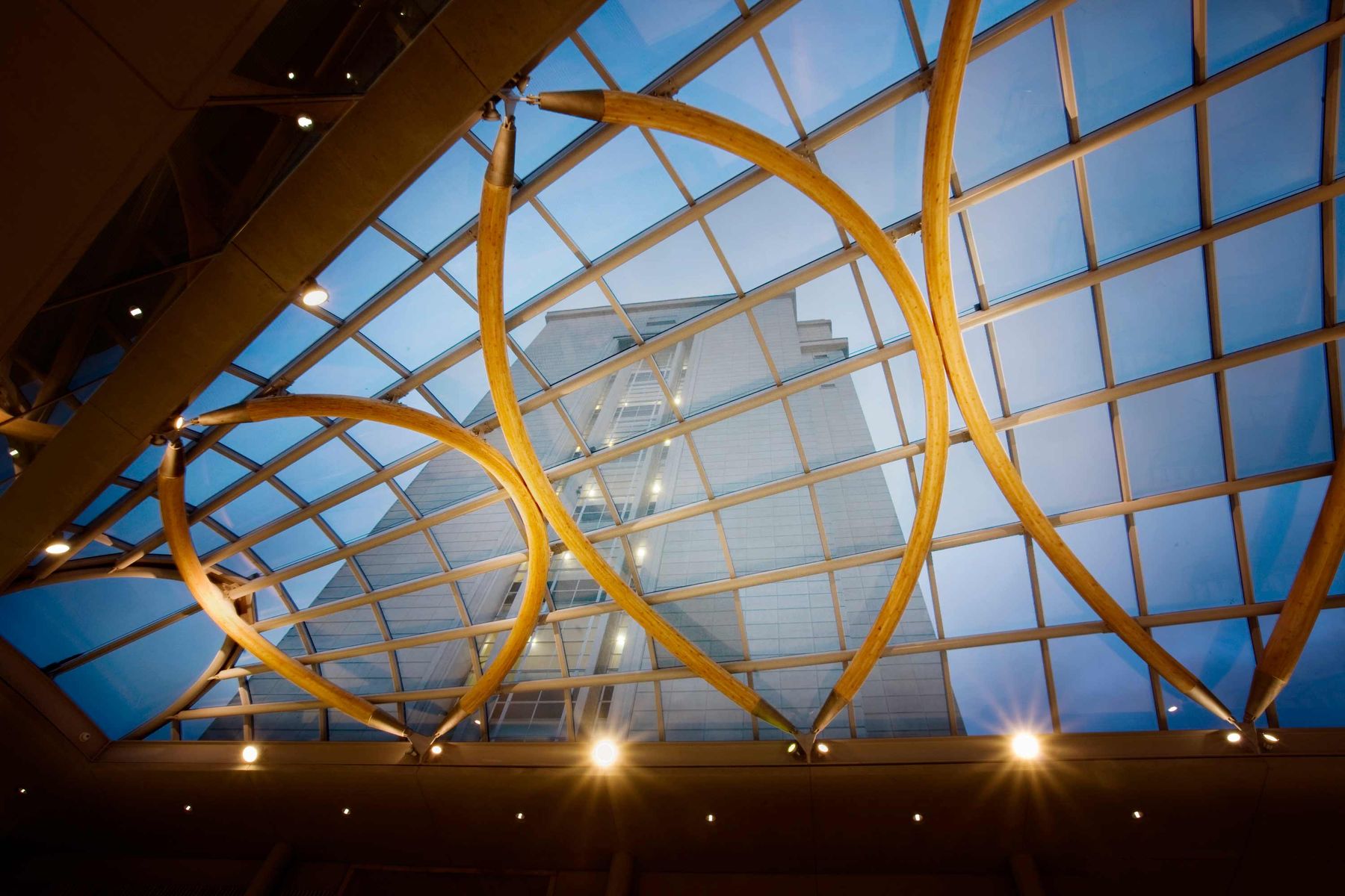 A view up through the glass atrium of the Newton-Arkwright link building looking up at the tower of the Newton building.