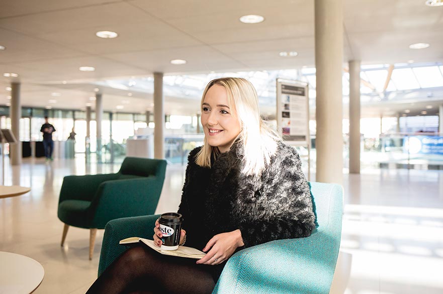 Rebecca Bell in Newton atrium