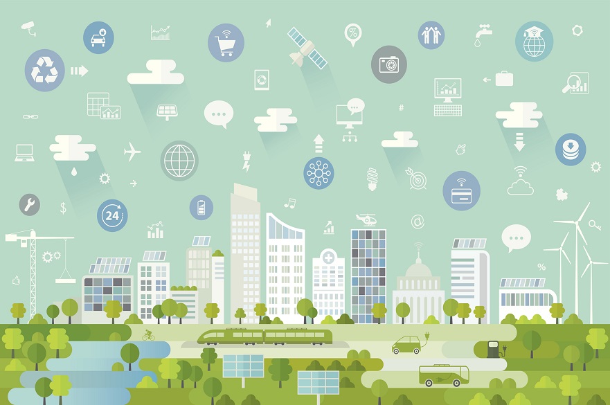 Graphic of city with environment icons