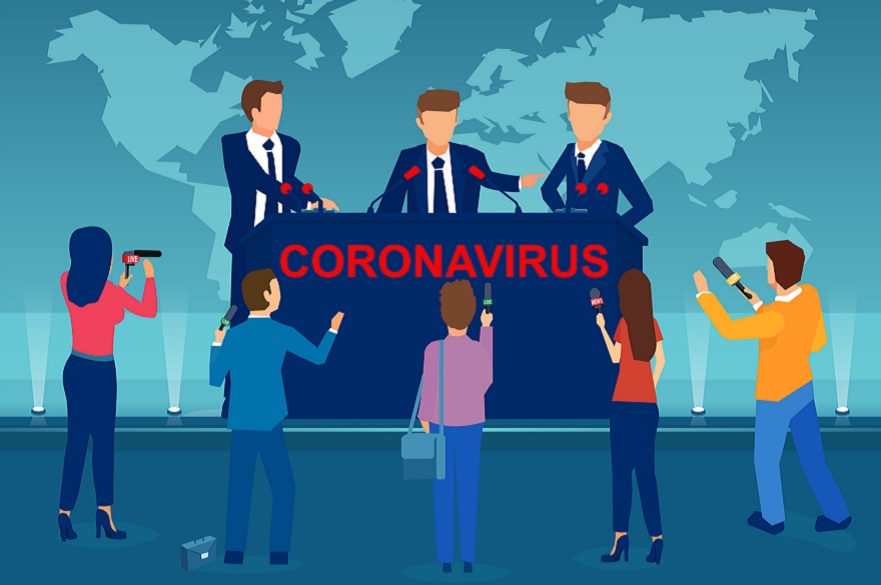 Illustration of people giving press briefing about Covid