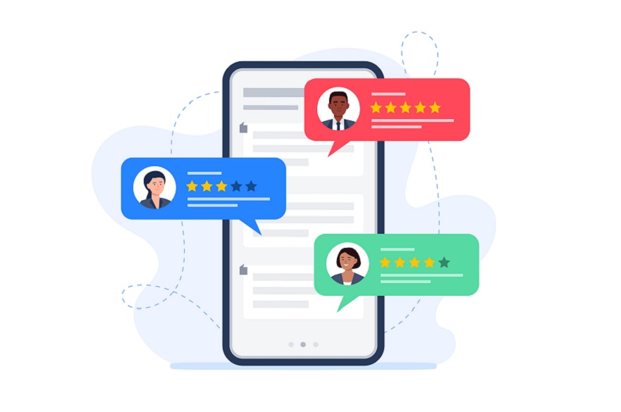 Feedback customers review on a phone screen. People evaluating product, service. Website rating feedback concept.
