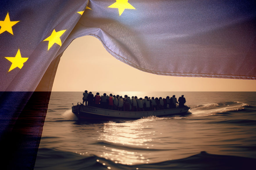 Migrants on a boat on their way to Europe