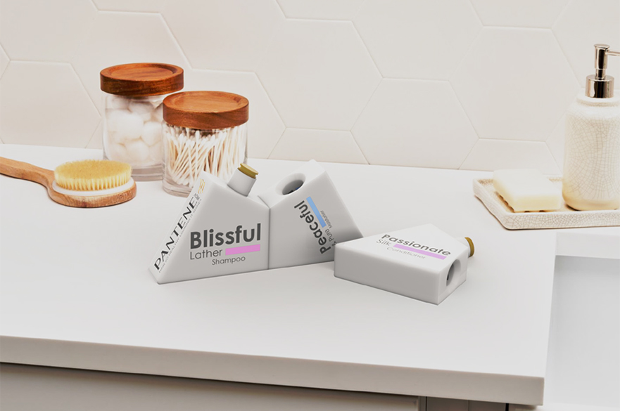 A render of an innovative shampoo and conditioner packaging.