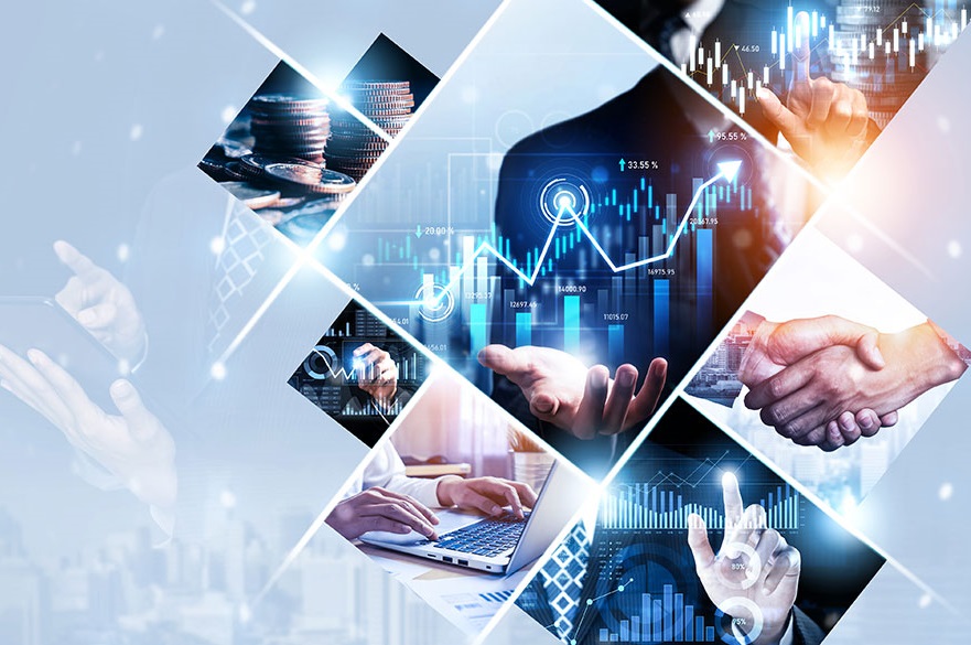 Futuristic business concept with images of business people and icon of investment and value