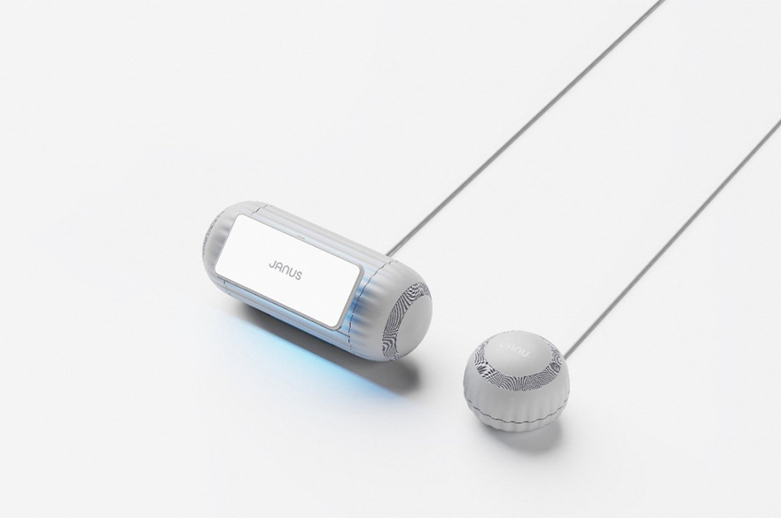 Render of a grey speaker with a screen attached to it.